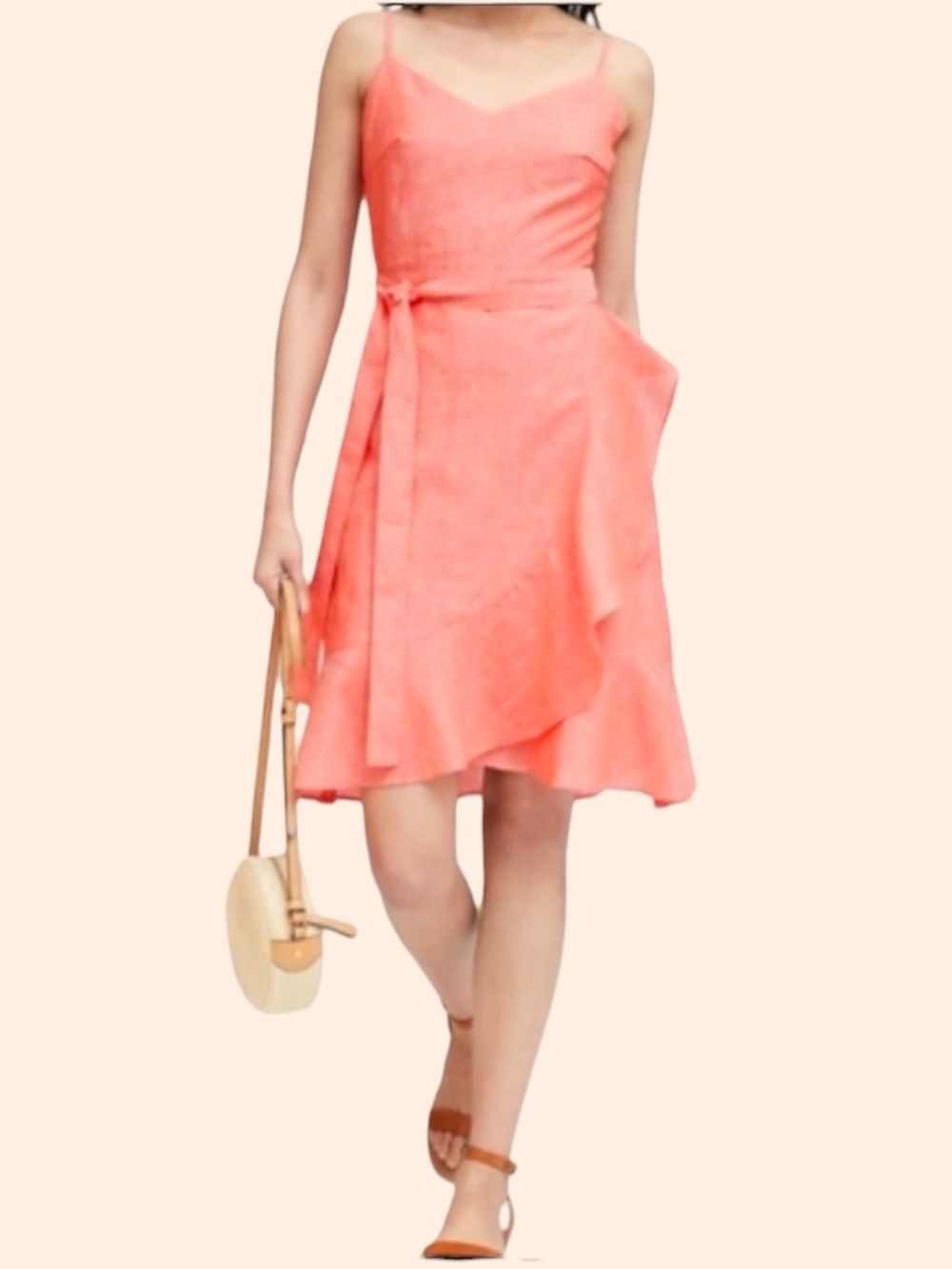 NEW Banana Republic Linen Blend Tie Waist Summer Coral Faux Wrap Dress Women’s 6
